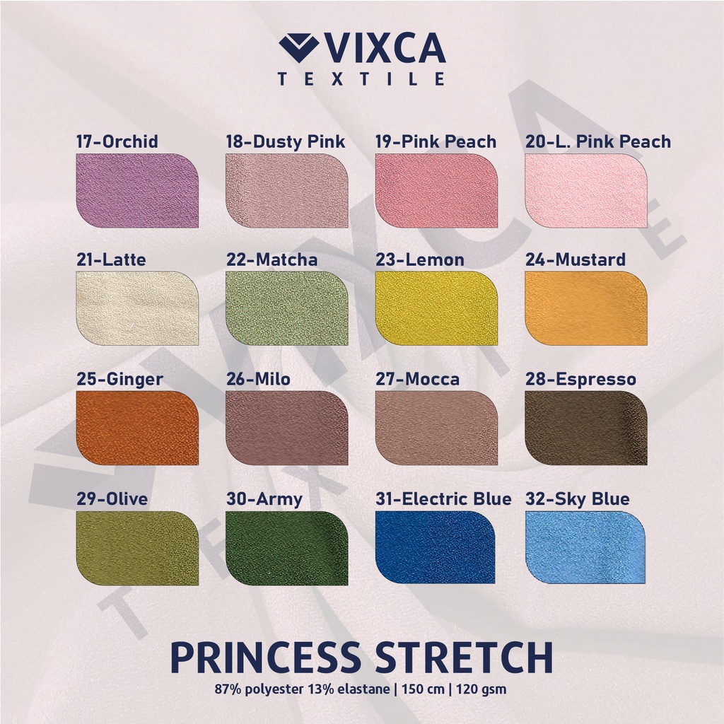 [PER 0,5 M] Kain Bahan Princess Stretch Lebar 150 cm Lady Zara Crepe Creape Premium Polos Polosan ECER 1/2 METER METERAN 50 CM CENTIMETER