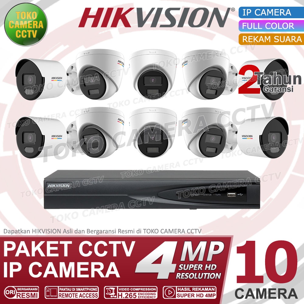 PAKET CCTV IP CAMERA HIKVISION 4MP COLORVU AUDIO 16 CHANNEL 10 KAMERA