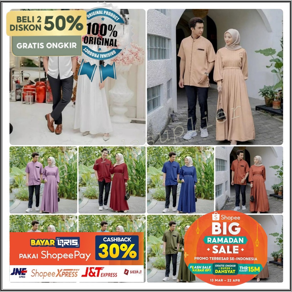 Terbatas. Promo Raya - Sarimbit  White Couple  Terbaru Lebaran 2023 Kemeja Koko Dan Gamis 2 Kombinas