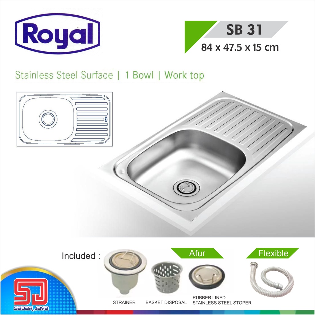 Royal Kitchen Sink SB 31 Wastafel Dapur Bak Cuci Piring 1 Bowl Sayap Pengering Stainless Steel SB31