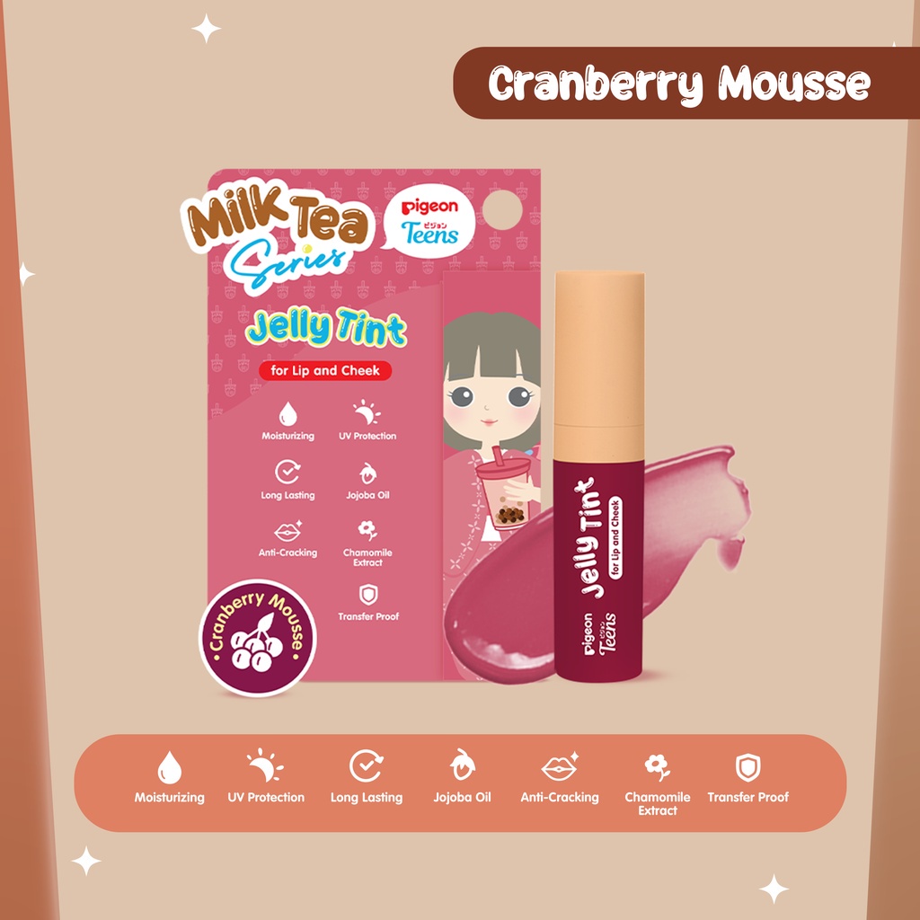 PIGEON Teens Jelly Tint Milk Tea Series Indonesia / Lip Tint 2.2g / For Lips and Cheek / Moisturizing UV Protection Long Lasting Cracking Transfer Proof / Caramel Hazelnut Raspberry Cranberry Kiss / Lipstick Lipstik Cream Matte Liptin Cosmetic Anak Remaja