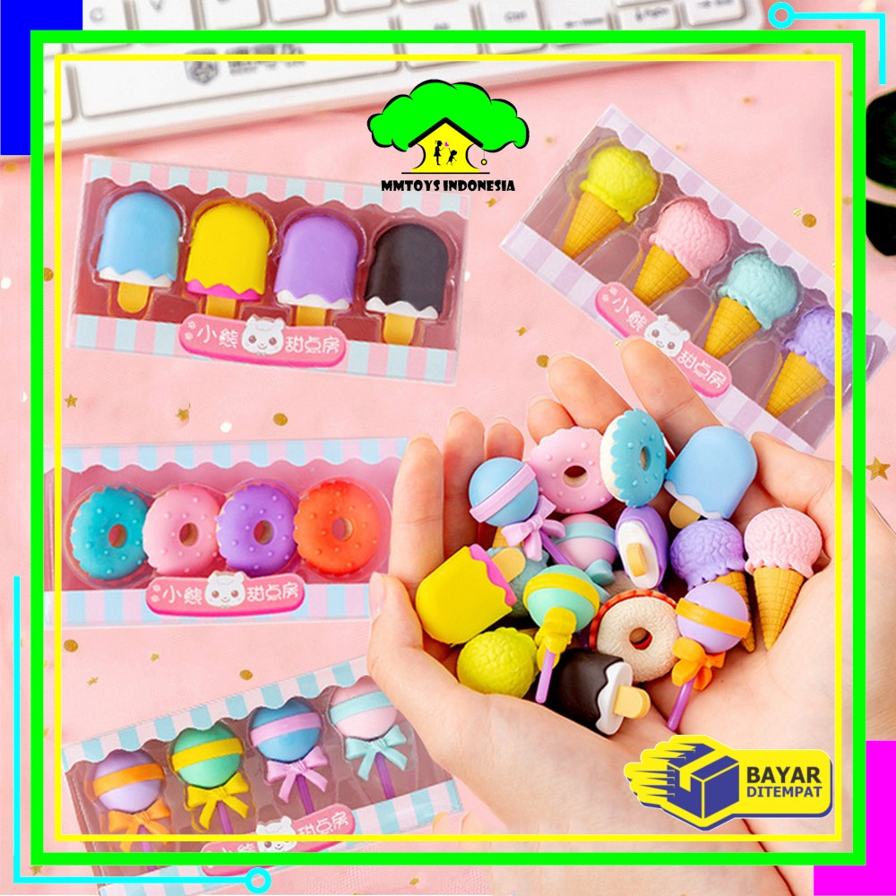 MI-A53 Penghapus Pensil Set 4IN1 Motif Lolipop / Alat Tulis Penghapus Lucu Isi 4pcs Karakter Donat Eraser Ice Cream Import