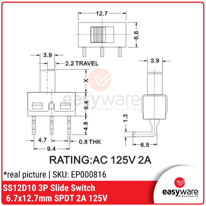 SS12D10 Slide Switch 3P Lurus SS12D06 3P Saklar Geser SPDT 6.7x12.7mm