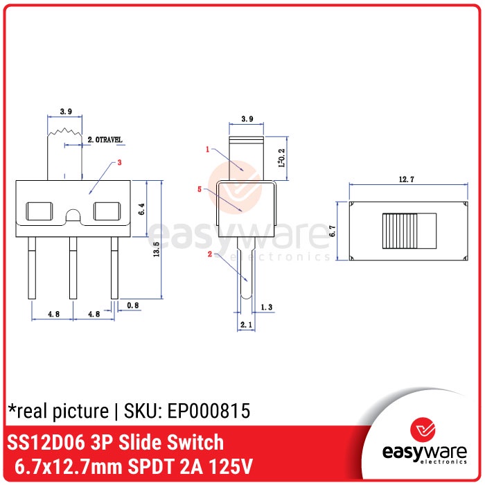 SS12D10 Slide Switch 3P Lurus SS12D06 3P Saklar Geser SPDT 6.7x12.7mm