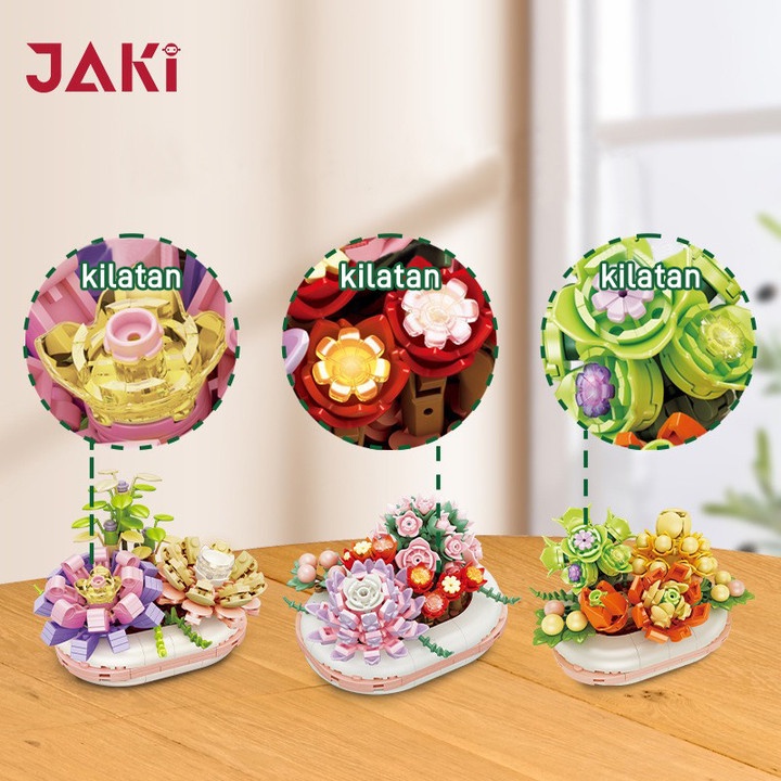 JAKI Mainan Balok Pot Sukulen Blok Bangunan Bercahaya Model DIY Buket Nano Block Flowers