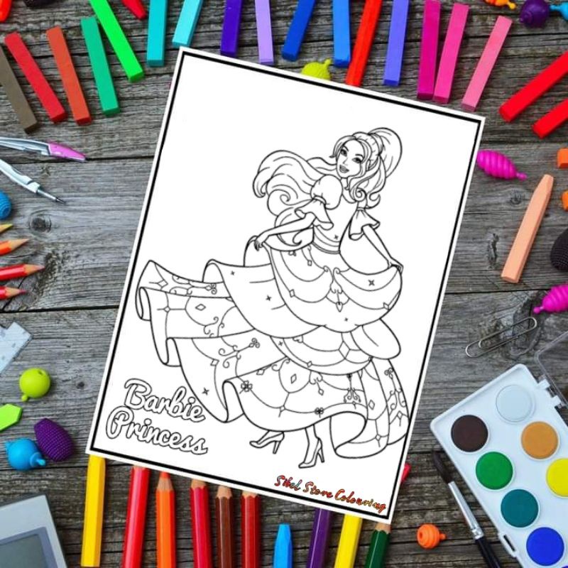 Kertas Mewarnai Gambar Anak Tema Barbie Princess / Kertas Gambar (10 Lembar GAmbar)