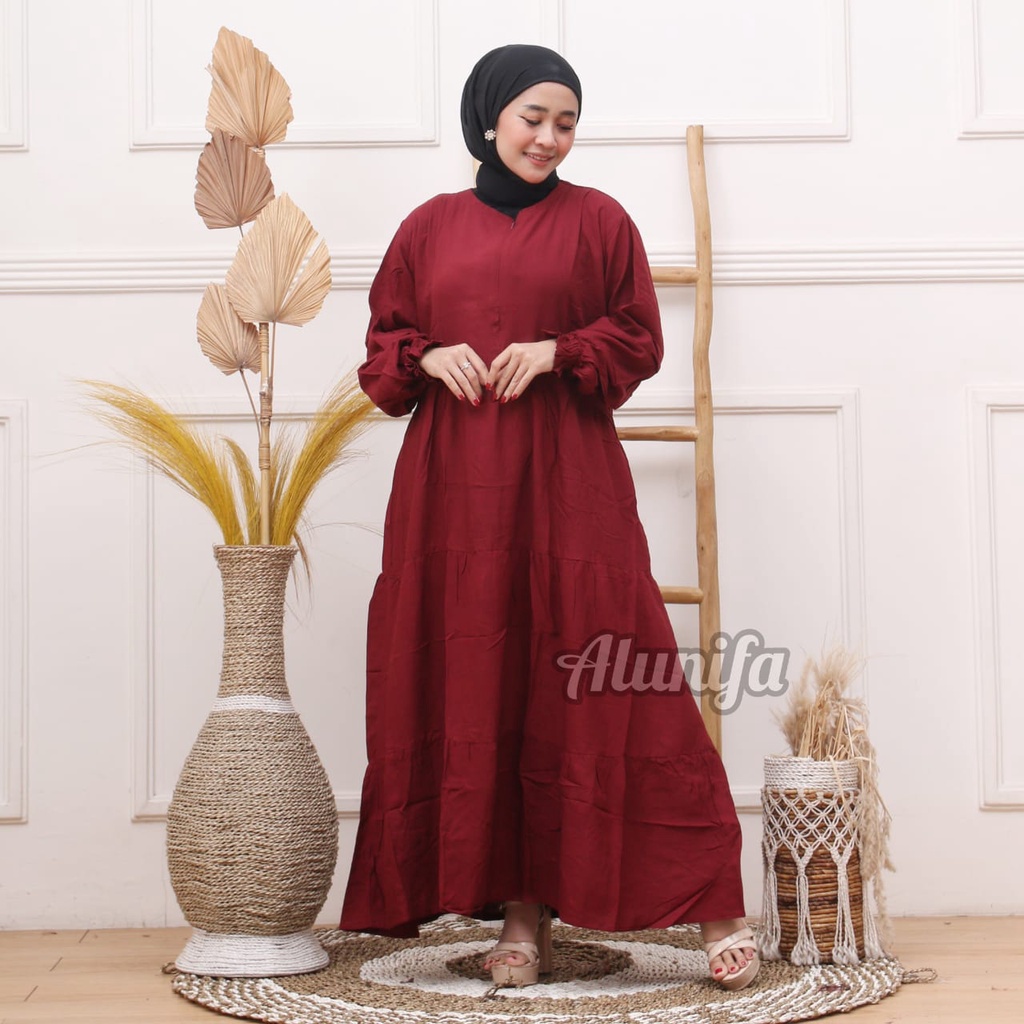 AMANDA DRESS | GAMIS REMPEL SUSUN RAYON POLOS TALI PINGGANG | GAMIS RUFFLE HOMEY