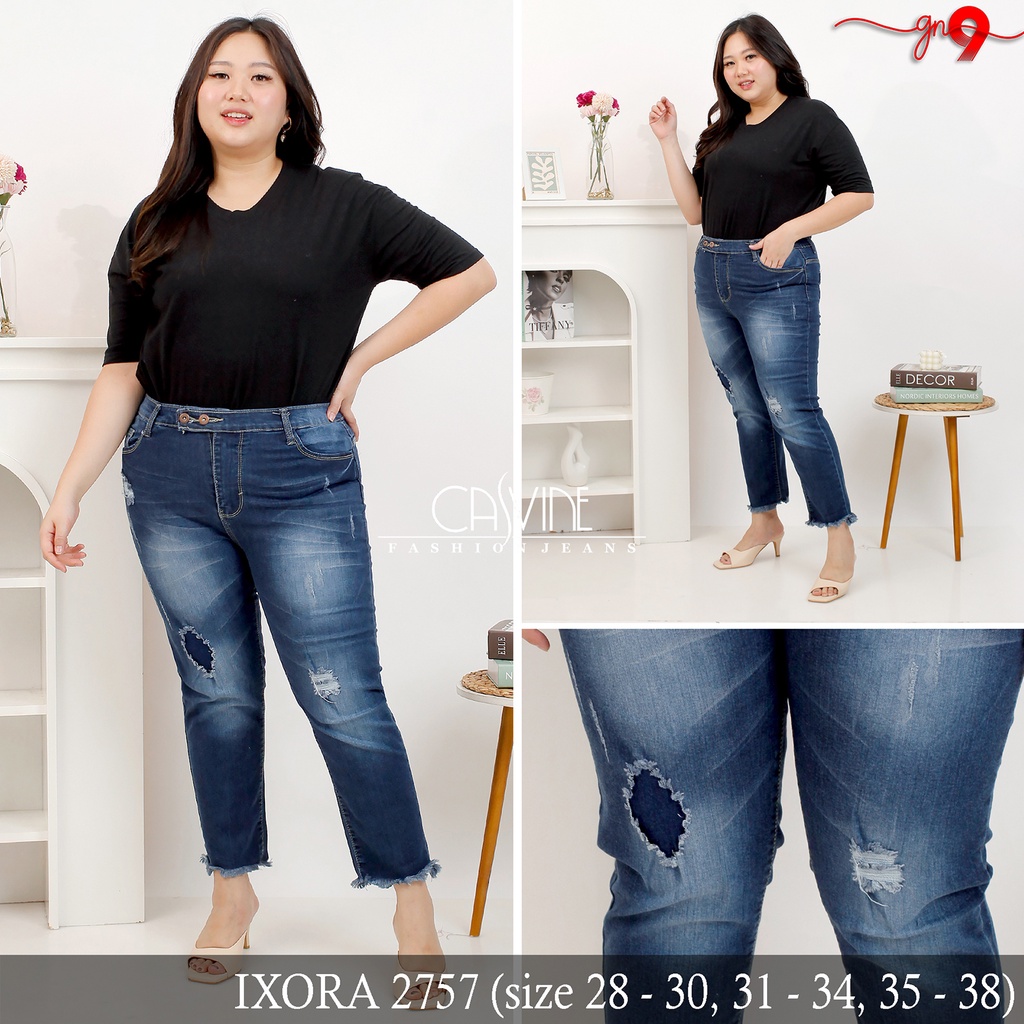 CASVINEJEANS || Celana Jeans Wanita Cewek Ixora Jeans 2757 Sobek Ripped Rawis Bigsize Jumbo Mom Jeans