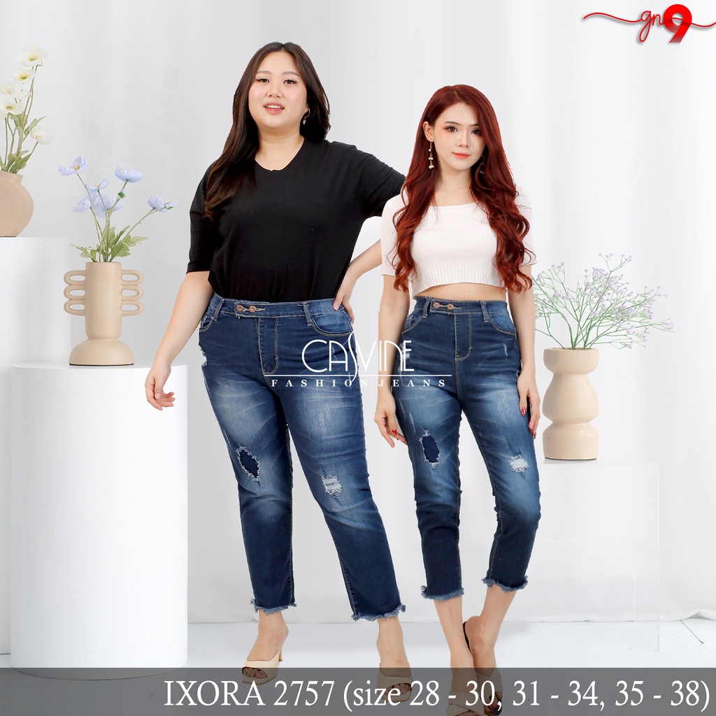 CASVINEJEANS || Celana Jeans Wanita Cewek Ixora Jeans 2757 Sobek Ripped Rawis Bigsize Jumbo Mom Jeans