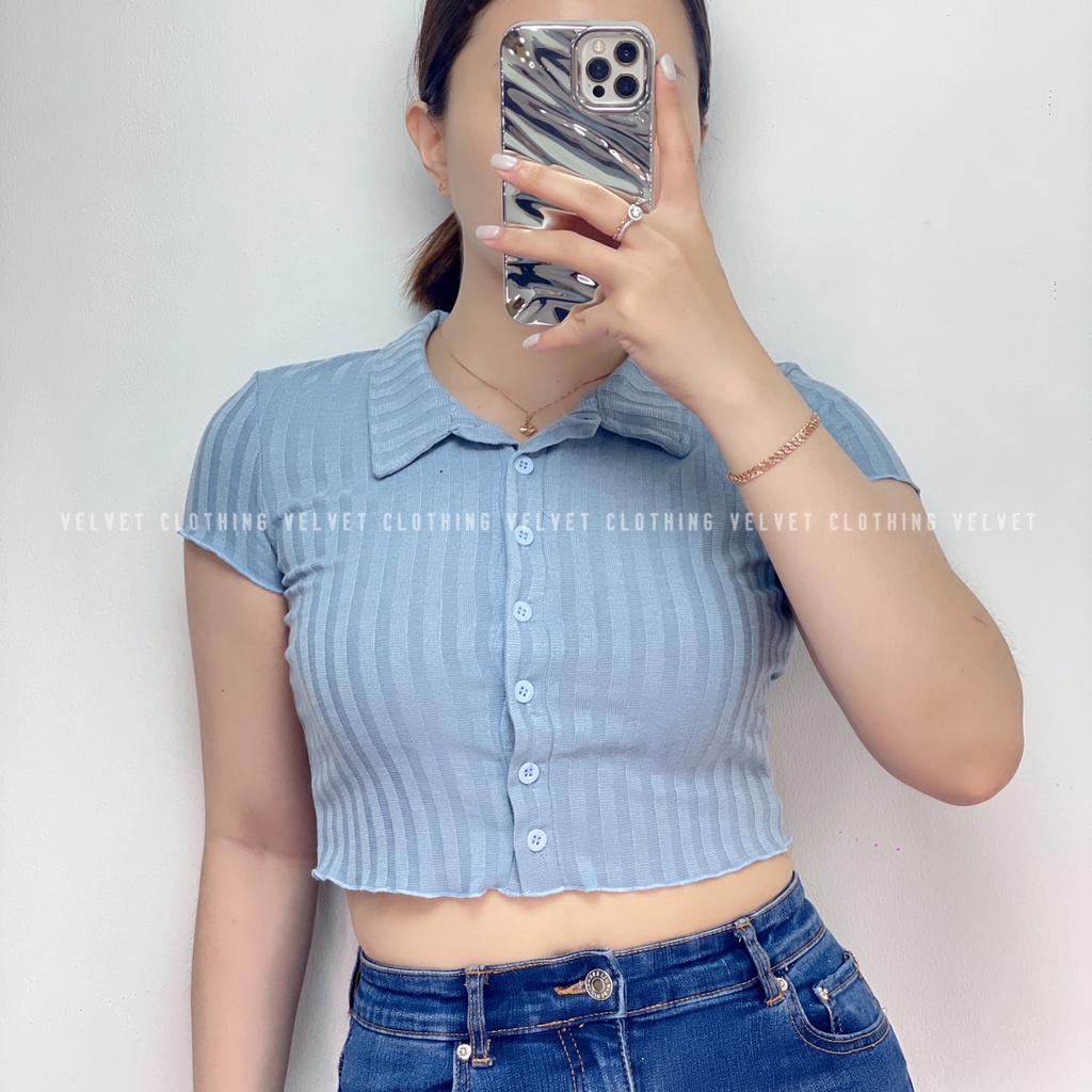 Crop Top Kerah Kancing Rib Knit / Crop Top Button Wanita / Crop Top Rib Kancing 4697