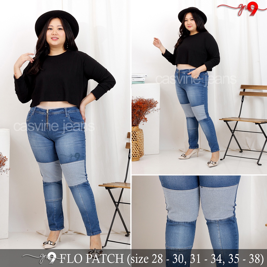 CELANA JEANS WANITA FLO PATCH ADA BIGSIZE JUMBO TANPA KANCING MOM JEANS