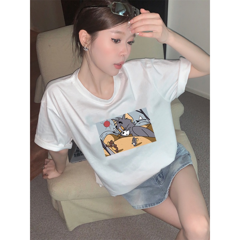 XIAOZHAINV Kaos Atasan Wanita Tom and Jerry Pattern Lengan Pendek A0331