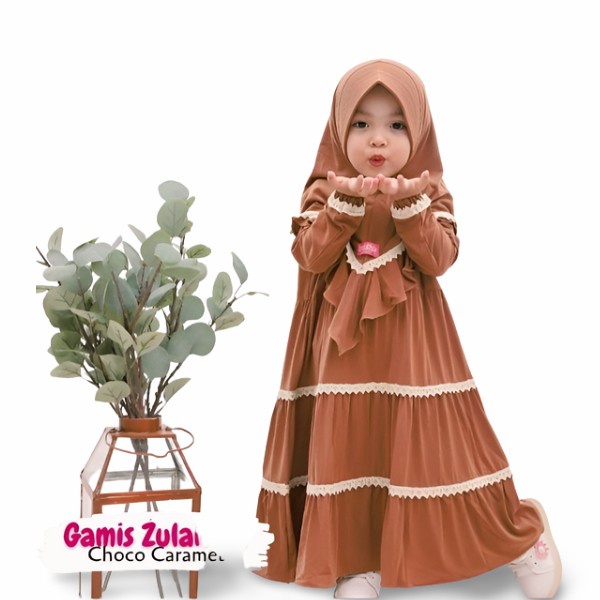 PROMO GAMIS ZULAIKHAH 1-6 TAHUN ANAK PAKAIAN MUSLIM PEREMPUAN BALITA RENDA - MERAH BATA, S(GAMIS+JIL