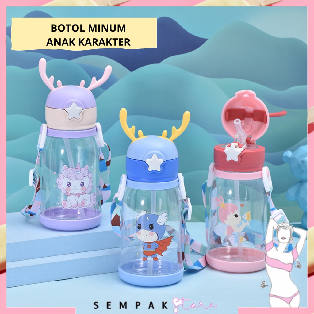 SS Botol Minum Anak Karakter Kartun Botol Air Minum Anak Sedotan 610ml Model Tanduk Rusa Lucu Free Tali Panjang Dan Sticker Karakter Unik Botol Minum Sekolah Lucu Viral