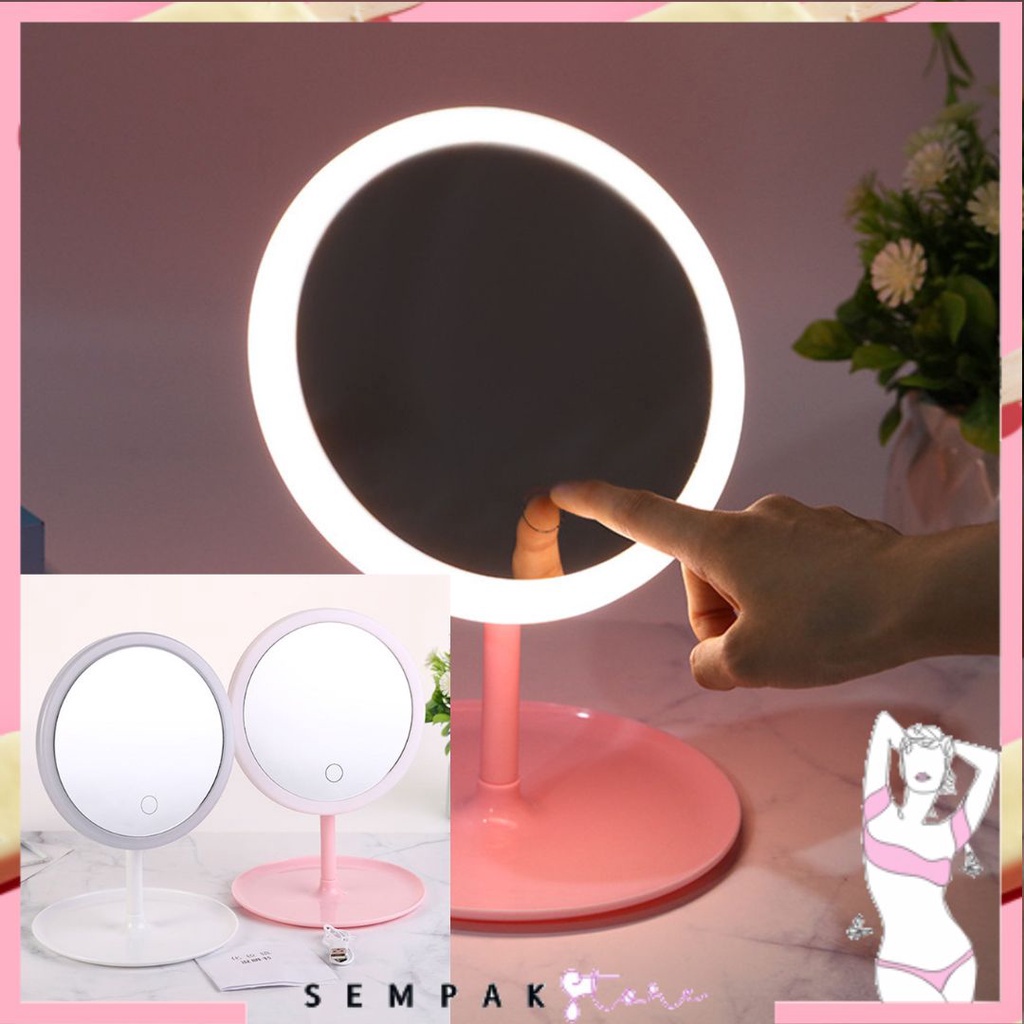 SS Cermin LED Touch Sensor Bulat Kaca Rias Make Up Mirror Led Light Zoom Touch Screen Aesthetics Portable Design Import Murah