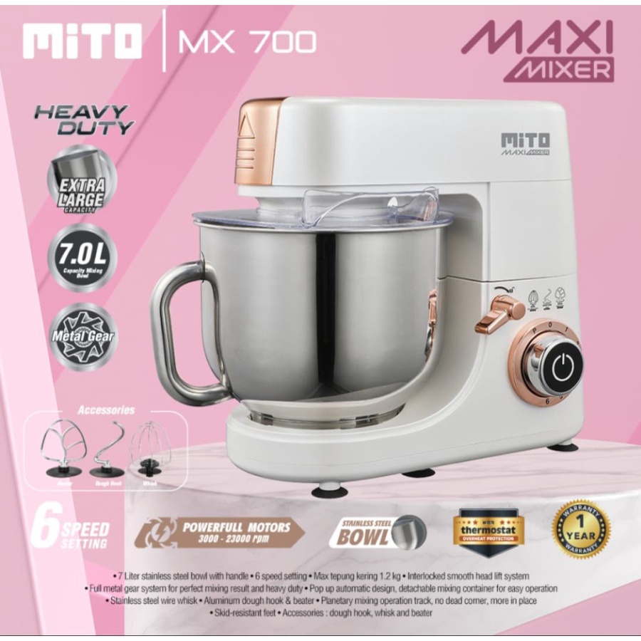 MITO Stainless Steel Heavy Duty  Maxi Stand Mixer MX 700 7Liter MX700
