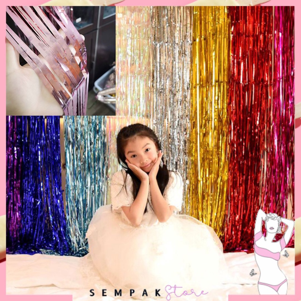 SS Tirai Pesta Ulang Tahun Tirai Rumbai Plastik Chrome Foil 99 x 180 Cm Foil Curtain Backdrop Curtain Selinger Metalik  Murah