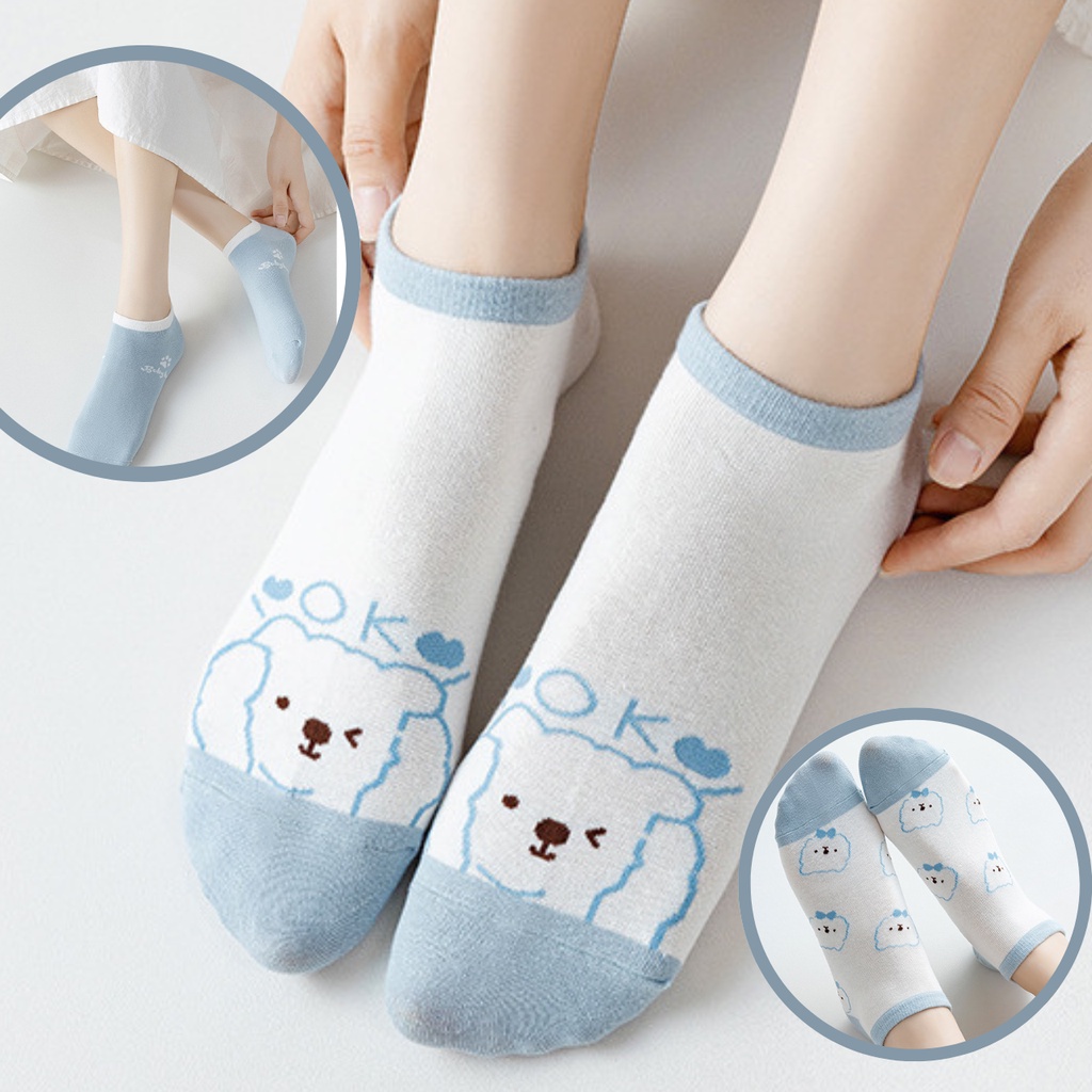 Kaos Kaki Wanita Motif Beruang Biru Muda 6587 Kaos Kaki Pendek Fashion Korean Unisex Semata Kaki Blue Bear