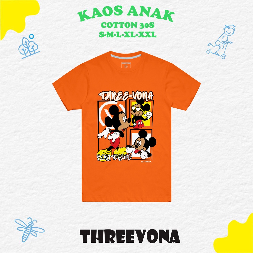 Baju Kaos Anak Distro Katun 30s 1-10 Tahun Oren Orange Plastisol Threevona Kartun Mickey Mouse Miki 
