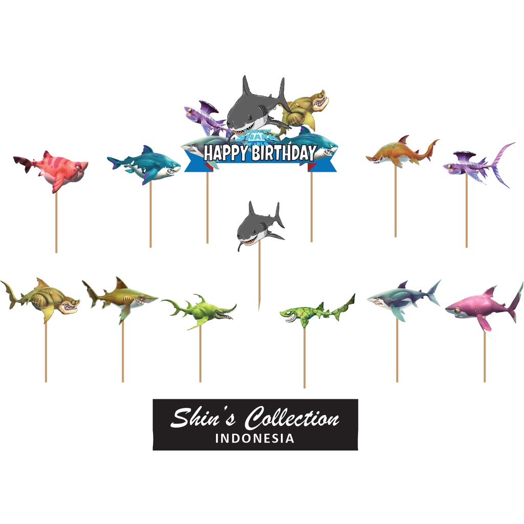 Cake topper Hungry Shark set isi 12 pcs