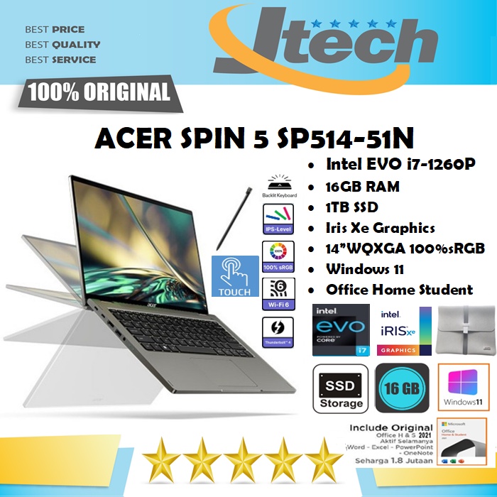 ACER Spin 5 SP514-51N - i7-1260P - 16GB - 1TB SSD - 14&quot;QHD IPS X360 TOUCH 100%sRGB - WIN11 - OFFICE HOME STUDENT