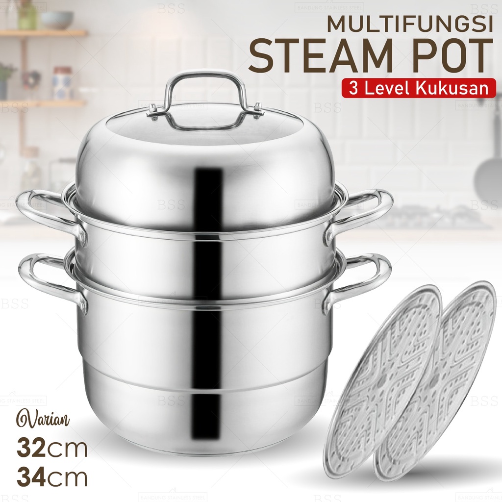 Panci Kukus 3 Susun 32cm 34cm Steam Pot Steamer Makanan Siomay  Multifungsi Stainless Tebal Tutup Kaca Kombinasi