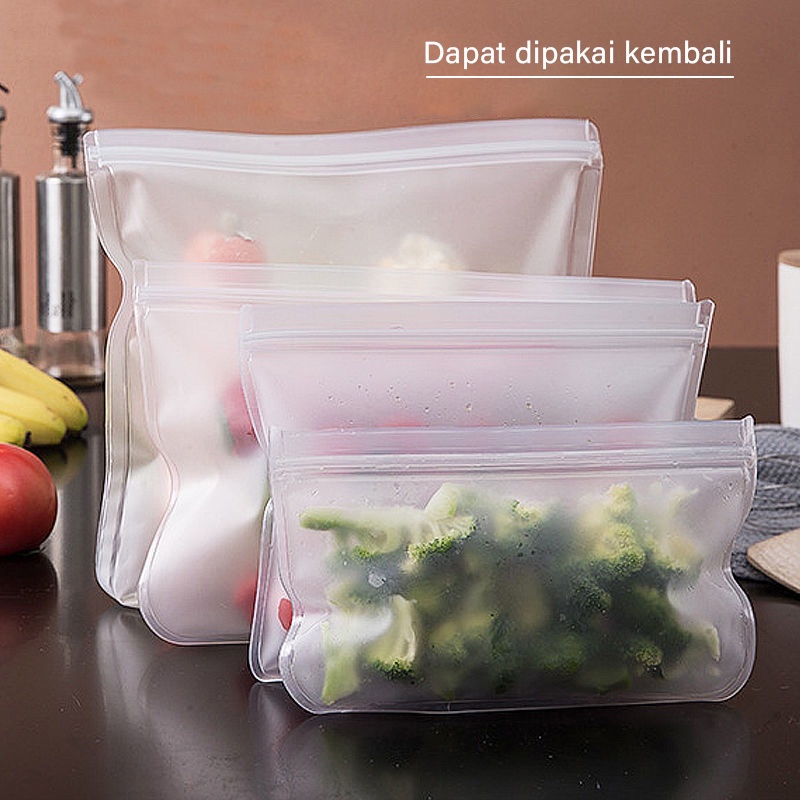 MMM Ziplock Food Storage Pouch Penyimpanan Makanan Kulkas Reusable Ziplock Silicone Tebal Pouch Bag Makanan Kedap Udara Ziplock Buram