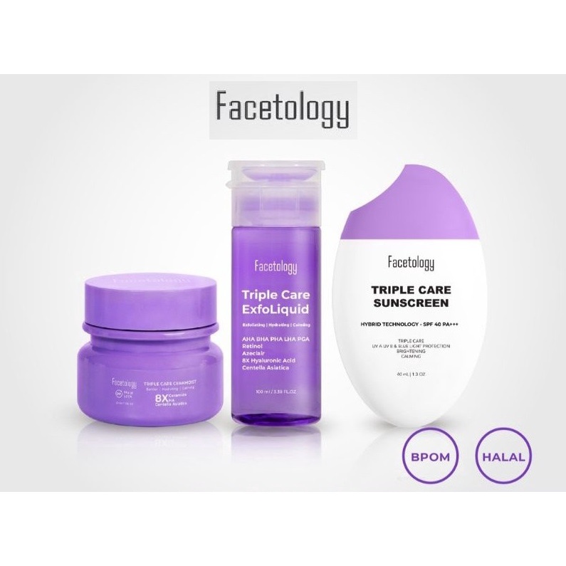 READY STOK LANGSUNG KIRIM FACETOLOGY Triple Care Sunscreen - HYBRID, FACETOLOGY Triple Care Ceramoist Facial Moisturizer, FACETOLOGY Triple Care ExfoLiquid Toner Exfoliating