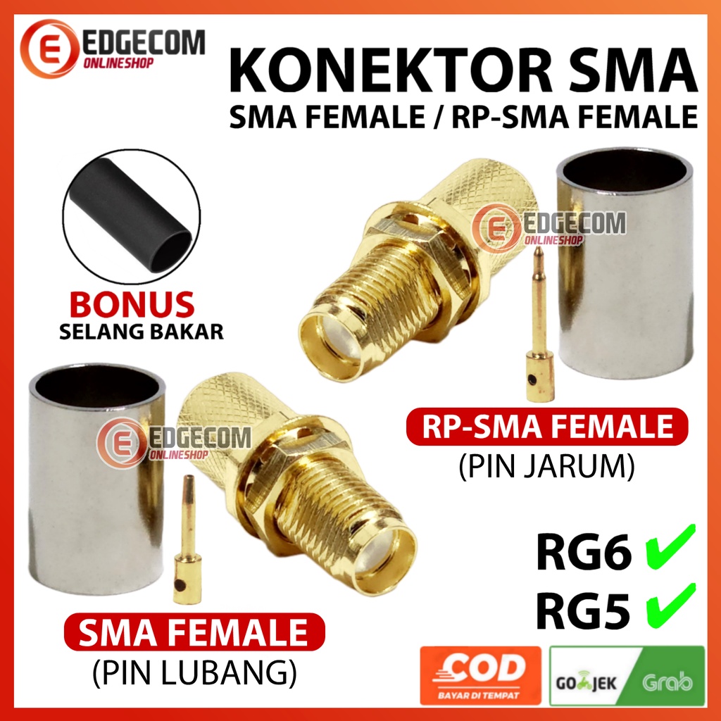 Konektor SMA Female / RP SMA Female Crimp untuk RG5 &amp; RG6