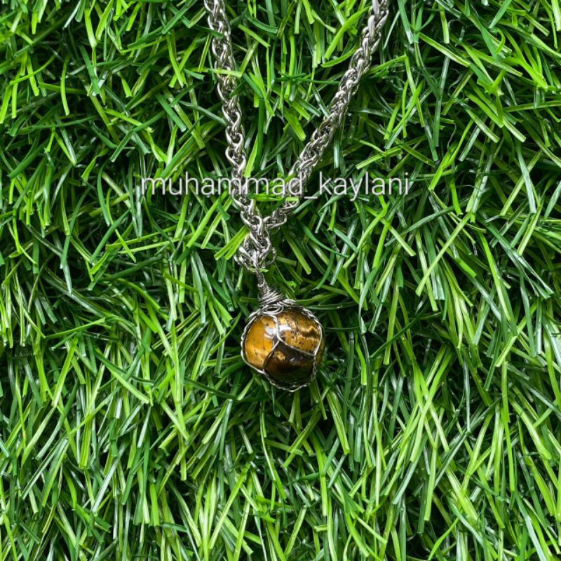 kalung liontin wire wrapping batu akik tiger eye bulat (N)