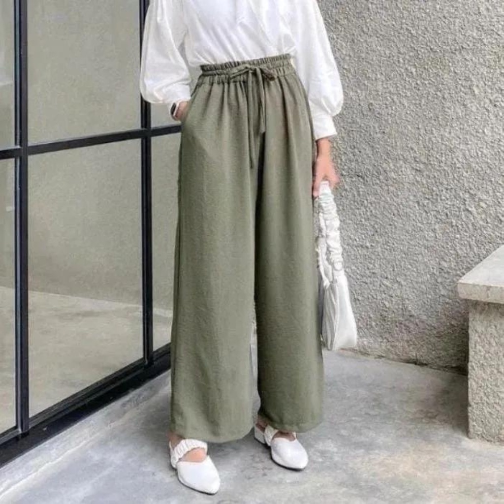 kulot crinkle airflow panjang highwaist jumbo premium kekinian korean style celana wanita santai pinggang karet terbaru