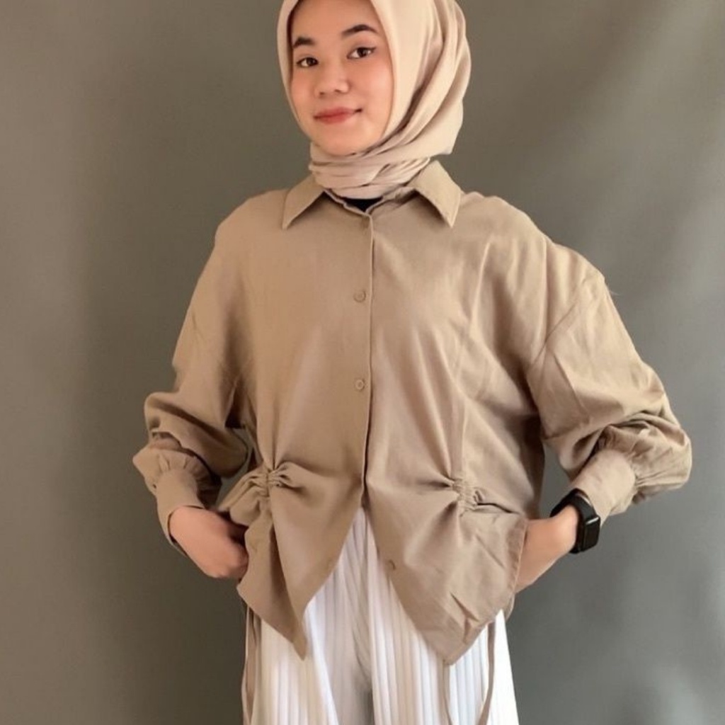 kemeja wanita crinkle airflow premium lengan panjang serut bawah korean style terbaru blouse lebaran kekinian busui friendly