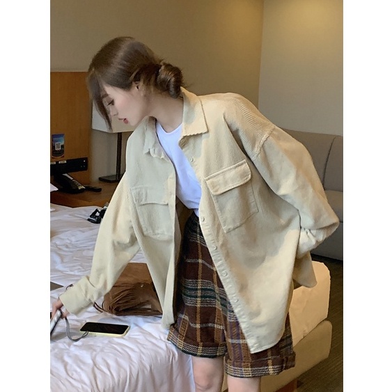 Korean Style Bordir Corduroy Shirt Kemeja Lengan Panjang Wanita Retro Atasan Wanita Kekinian Baju Atasan Wanita