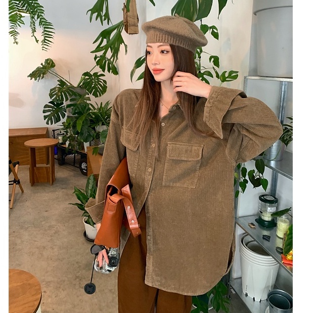 Korean Style Bordir Corduroy Shirt Kemeja Lengan Panjang Wanita Retro Atasan Wanita Kekinian Baju Atasan Wanita