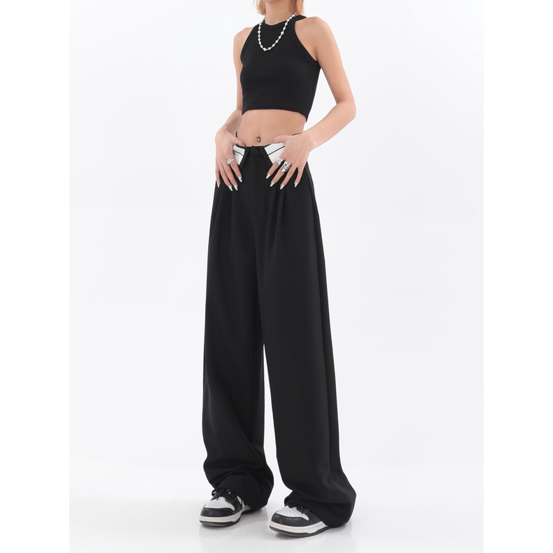 Korean Style Celana Kulot Highwaist Loose Celana Panjang  Hitam Celana Wanita Straight Pants