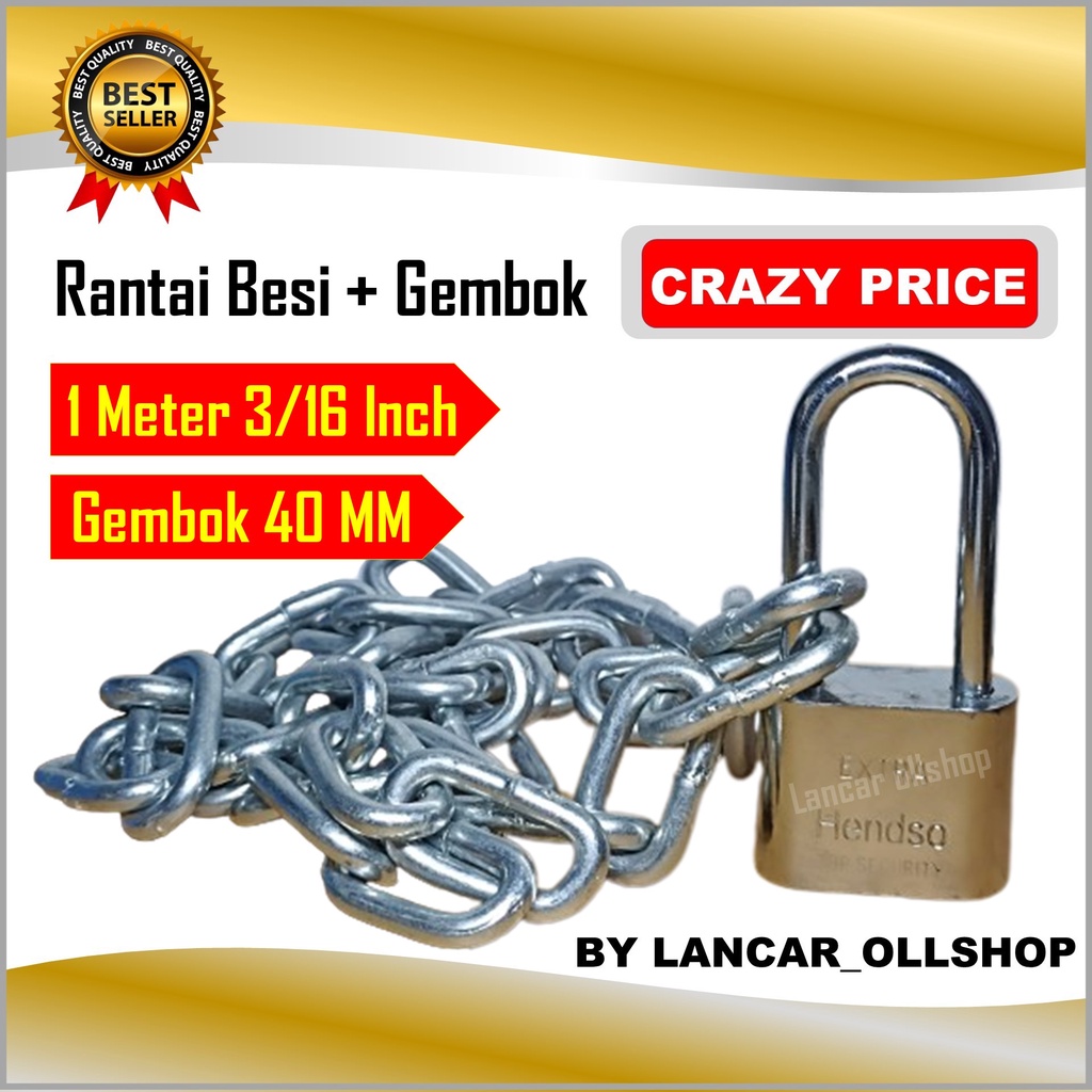 Gembok Rantai Besi / Gembok Rante Rumah Pagar Motor Sepeda / Kunci Rantai 3/16 Gembok 40 MM