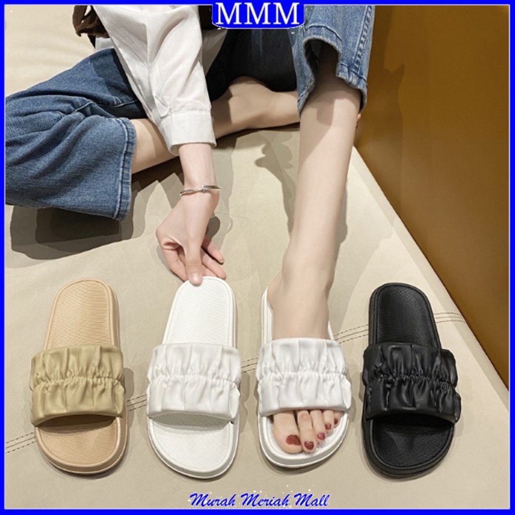 MMM Sandal Slop Wanita Karet Jelly Korea Motif Serut 6697 Sendal Kokop Motif Sandal Serut Karet Elastis Balance Import
