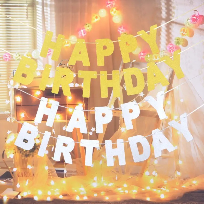 MMM Banner Set Happy Birthday Huruf Glitter Warna Warni Backdrop Pesta Bendera Bunting Ultah Banner Tulisan Ulang Tahun Polos Glitter Murah Import
