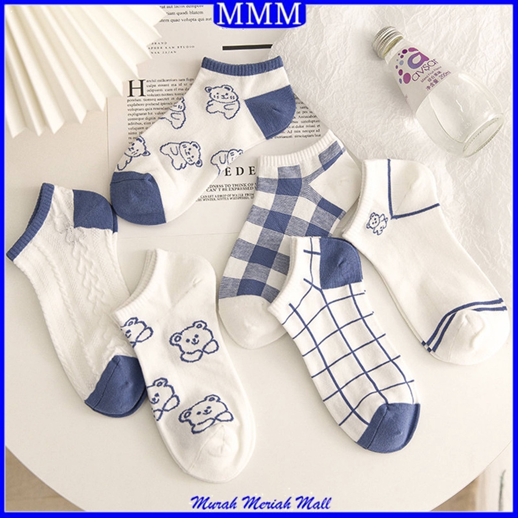 MMM Kaos Kaki Wanita Pria Pendek 6578 Kaos Kaki Beruang Unisex Semata Mata Kaki Ankle Motif Bear Kotak-Kotak Garis Biru Socks Korean Model Simple Cute