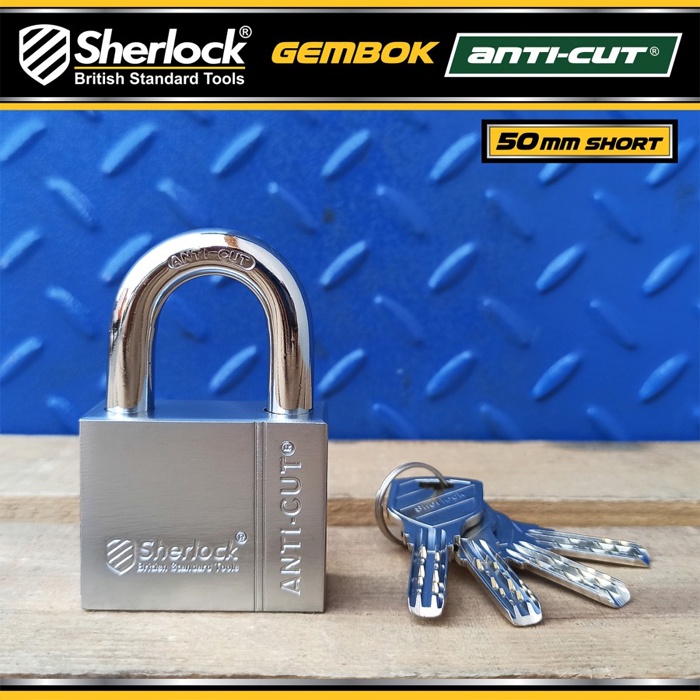 Gembok ANTI CUT 50 mm Pendek / Sherlock (Body Besi Silinder &amp; Kunci Kuningan)