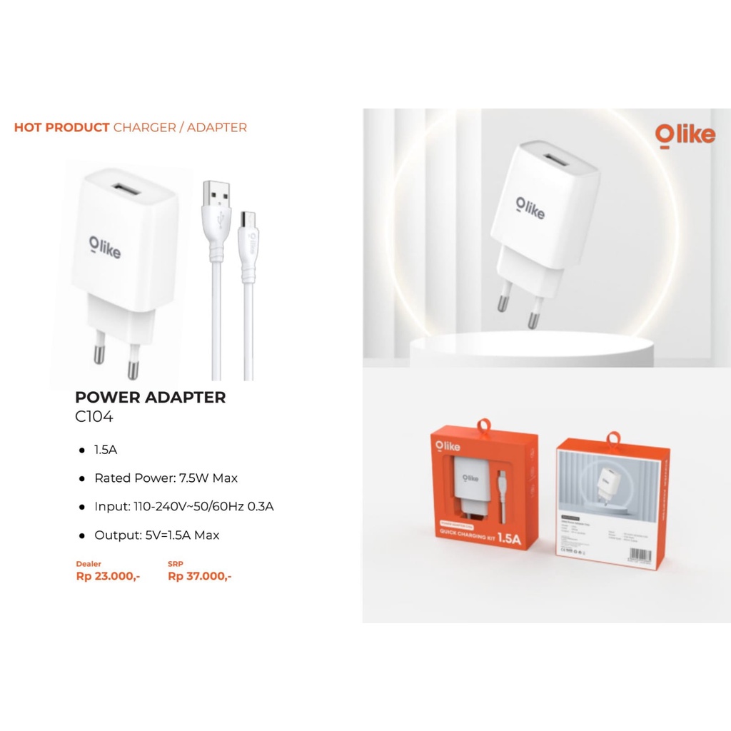 Olike C104 USB Adapter Kepala Charger 1.5A + Micro USB Cable Olike C104 Wall Charger 1.5A Power Adapter Quick Charging