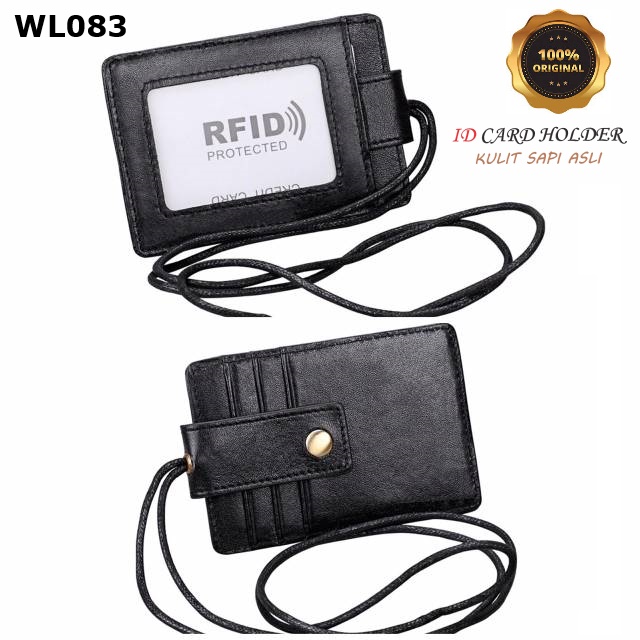 

WL083-ID - Lanyard Name Tag Id Card Holder Rfid Protection Cowhide Leather Import Gantungan Tempat Kartu Kulit Pria Wanita