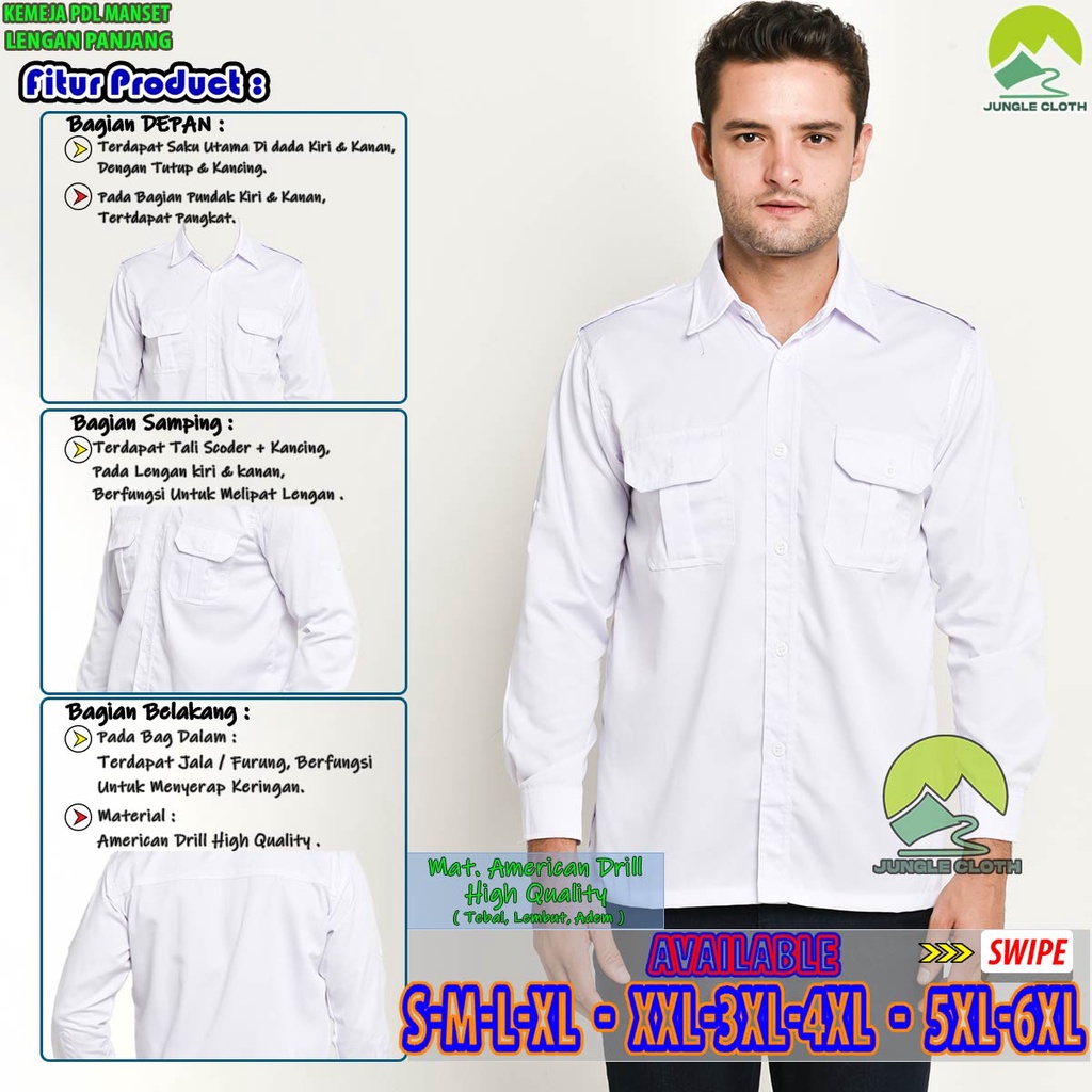 KEMEJA PDL LAPANGAN LENGAN PANJANG | WARNA PUTIH | PAKAIAN DINAS LAPANGAN PDL MANSET