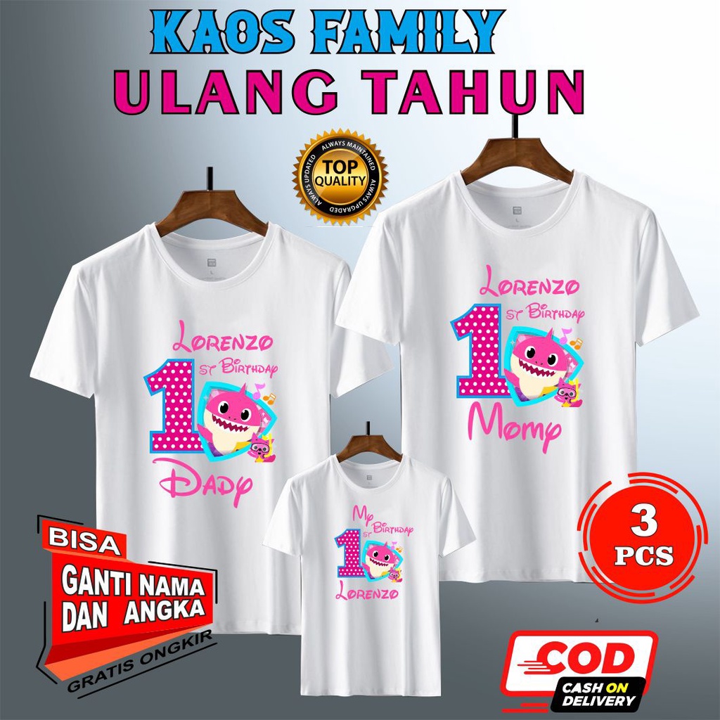 KAOS BAJU COUPLE KELUARGA | KAOS FAMILY CUSTOM ULANG TAHUN BIRTH DAY TEMA KARTUN BABY SHARK KODE-03 