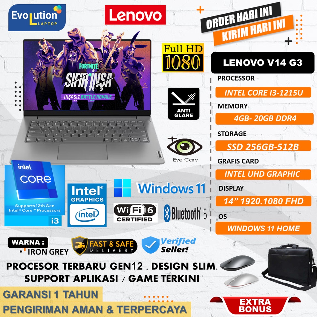 Lapop Lenovo V14 G3 Intel Core i3 1215U gen12 Ram 20GB 512GB SSD FHD Windows11 Iron Grey