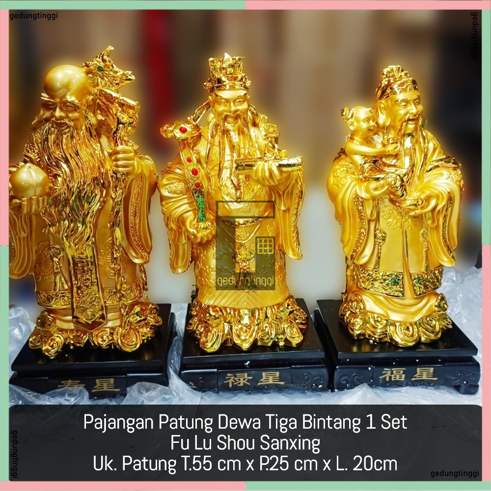 Pajangan Patung Dekorasi Fengshui Puja Suci Dewa Dewi Fulushou Fuk Luk Sau Fu Lu Shou Sanxing Tiga 3 Bintang Hoki Lucky Keberuntungan Rejeki Uang Emas 1 Set Meja Altar Sembahyang Sembayang Budha Buddha 1 Satu Set Ukuran Besar