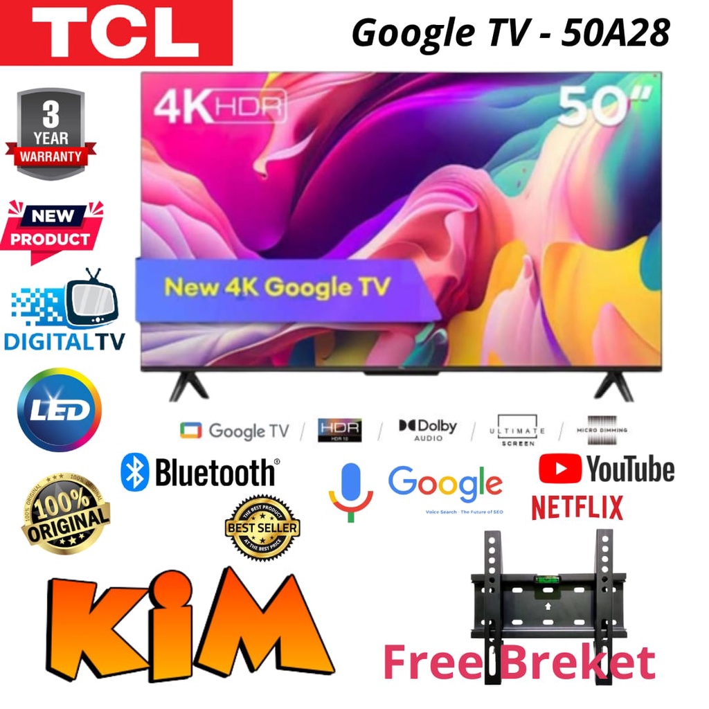 FREE BREKET!! TCL 50A28 Smart TV 50 Inch Google TV 4K UHD HDR 10 Garansi Resmi - TV ONLY