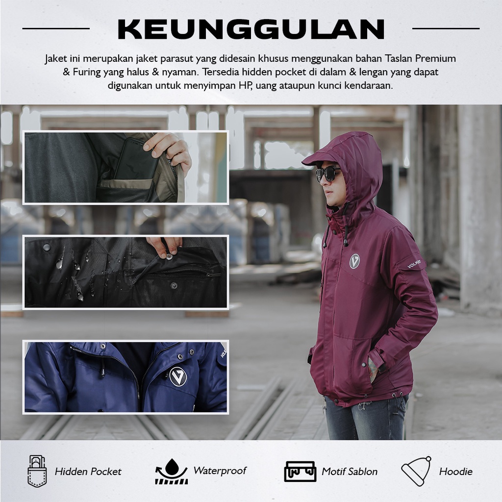 Jaket Hoodie Parasut Bomber Pria Sleting Kantong Dalam Jacket Volkert