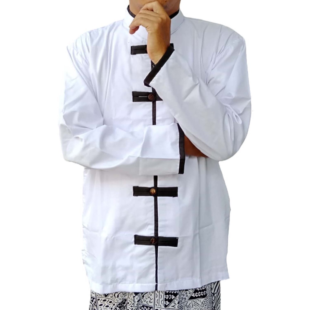 Baju Koko Model Shanghai Putih Kombinasi Hitam
