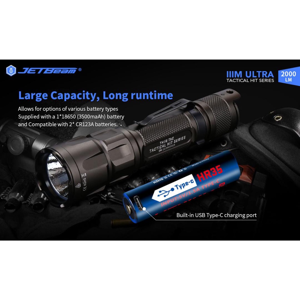 JETBeam Senter LED CREE XHP35 HD Tactical USB Rechargeable 2000 Lumens - TH16 TAC - Black